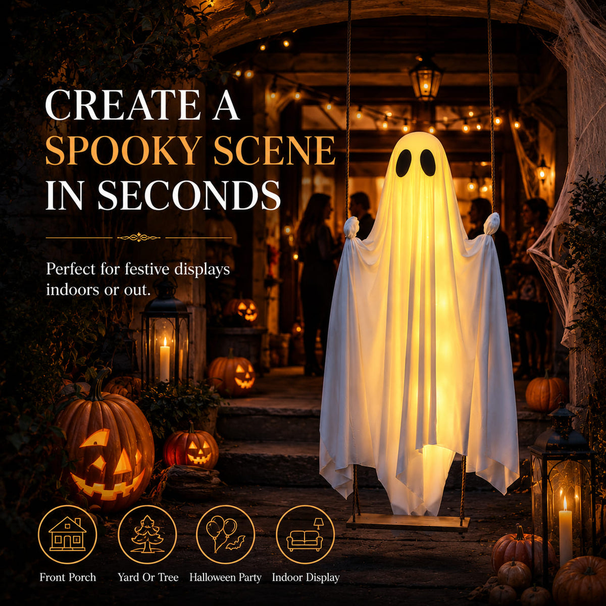 👻Halloween Limited- Time Discount5FT Hanging Swing Ghost Decor I Remote String Lights · Waterproof Fabric·Outdoor Halloween Prop