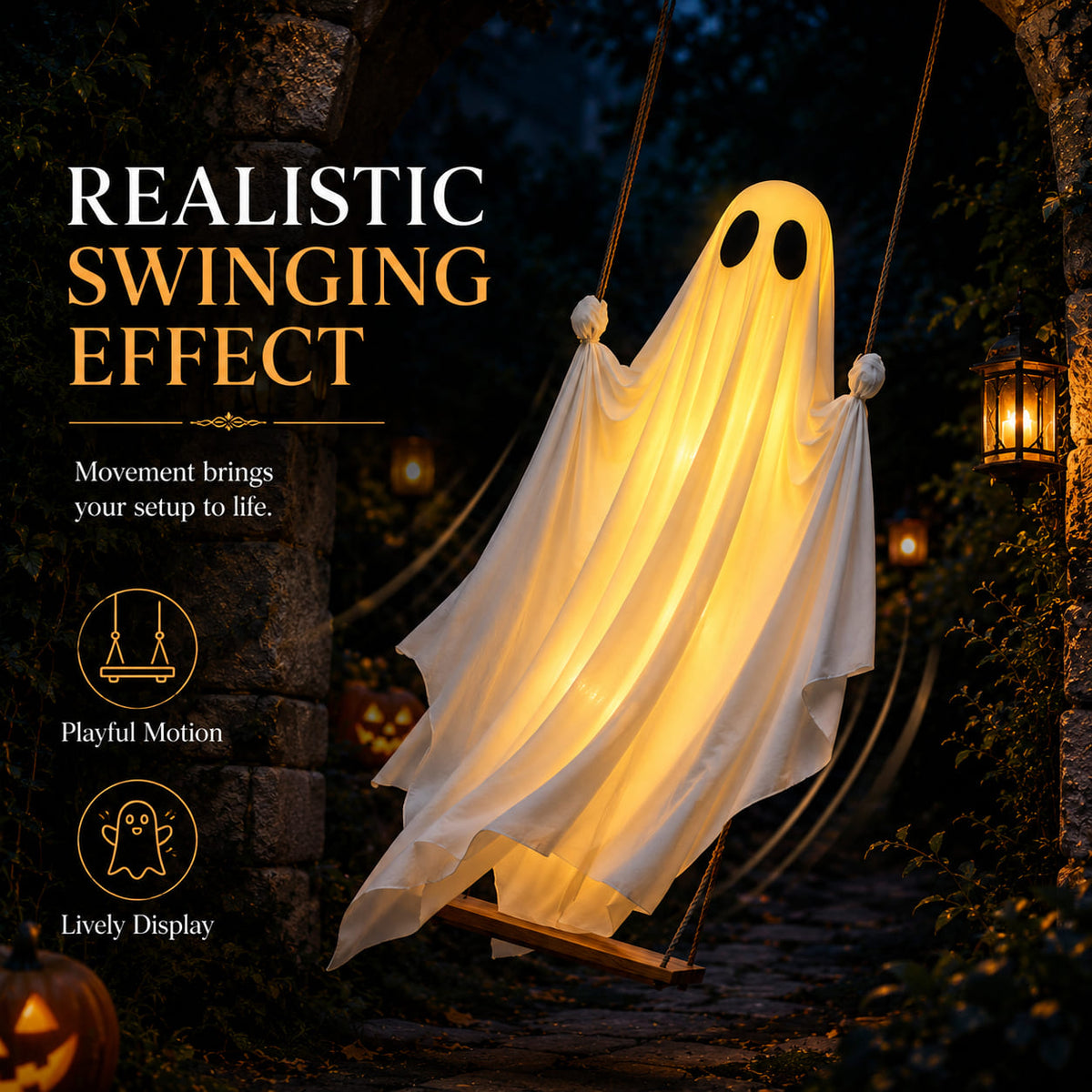 👻Halloween Limited- Time Discount5FT Hanging Swing Ghost Decor I Remote String Lights · Waterproof Fabric·Outdoor Halloween Prop