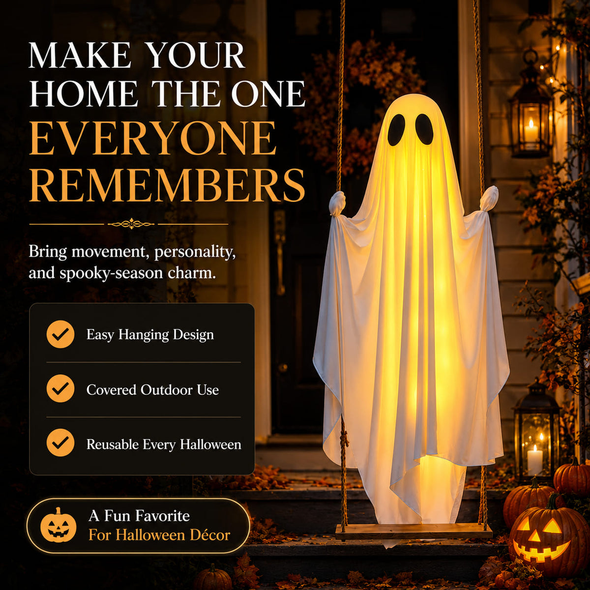 👻Halloween Limited- Time Discount5FT Hanging Swing Ghost Decor I Remote String Lights · Waterproof Fabric·Outdoor Halloween Prop